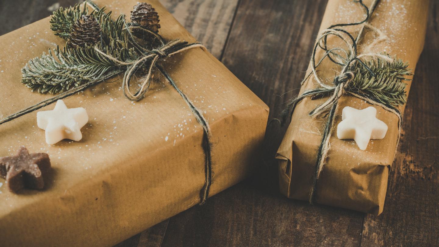 Christmas Presents wrapped in brown paper